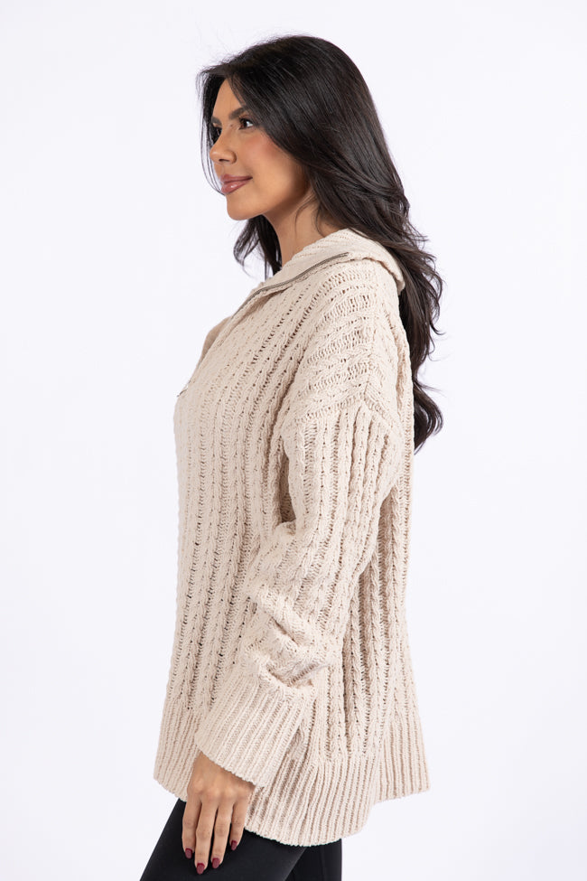 Forever Yours Beige Cable Knit Chenille Quarter Zip Sweater