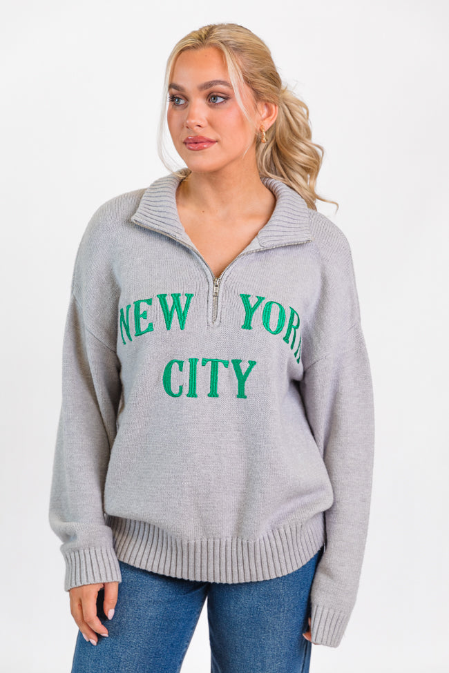 Roll With It Grey and Green New York Embroidered Quarter Zip Sweater