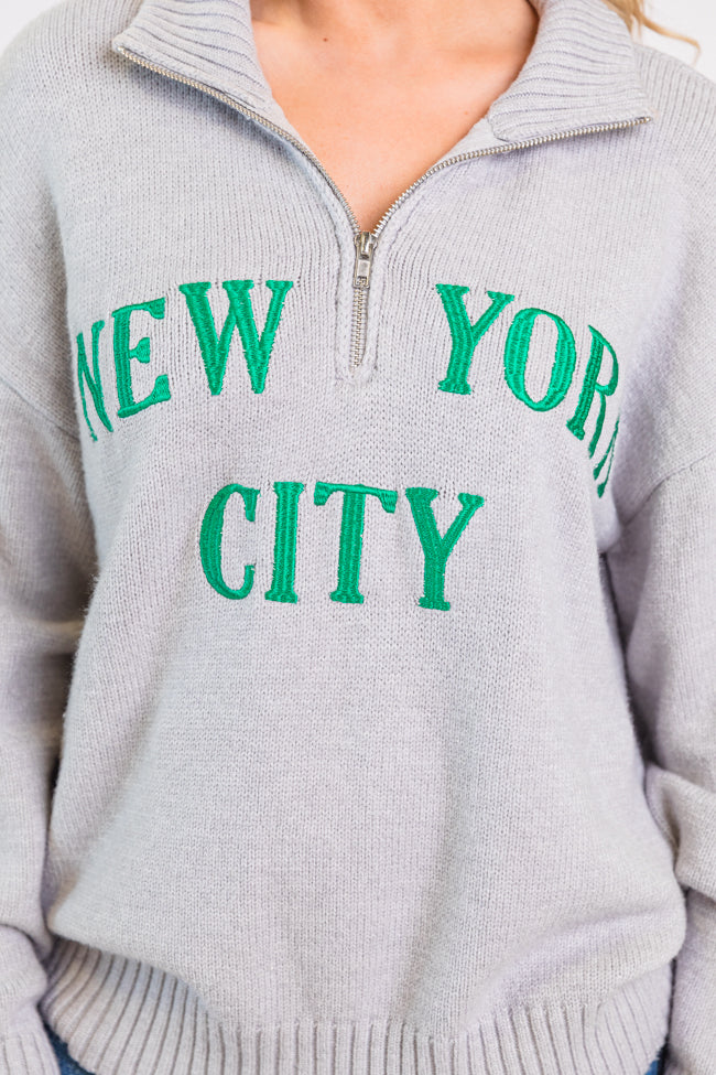 Roll With It Grey and Green New York Embroidered Quarter Zip Sweater