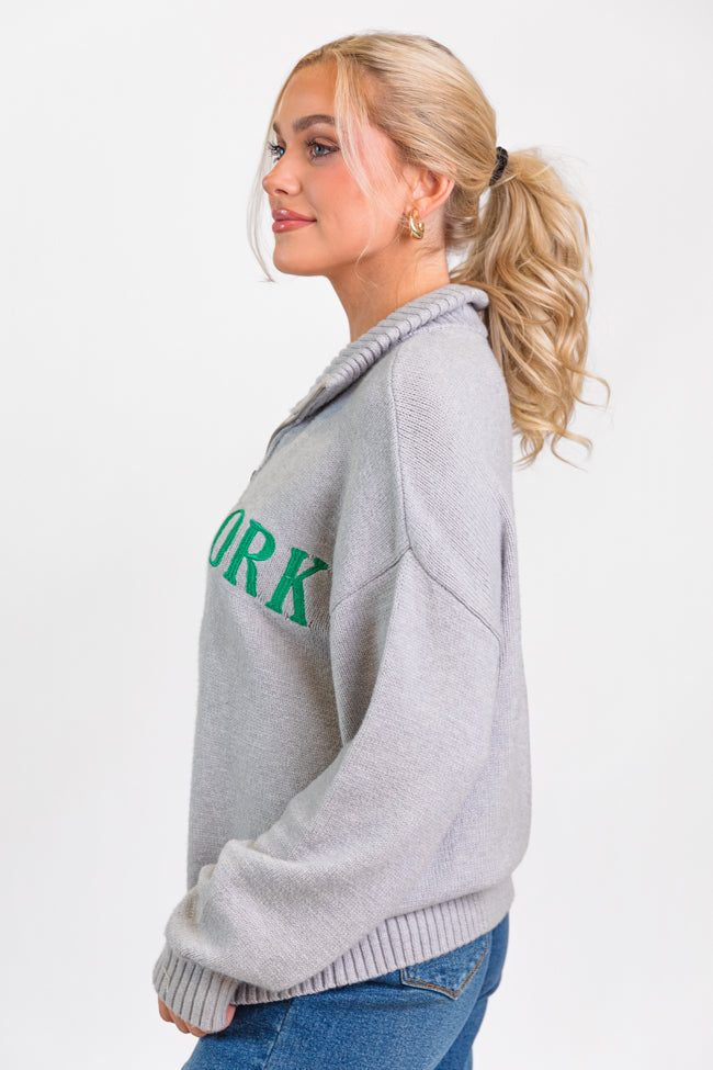 Roll With It Grey and Green New York Embroidered Quarter Zip Sweater