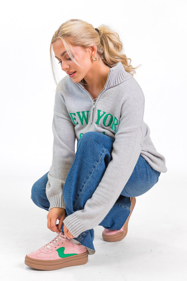 Roll With It Grey and Green New York Embroidered Quarter Zip Sweater