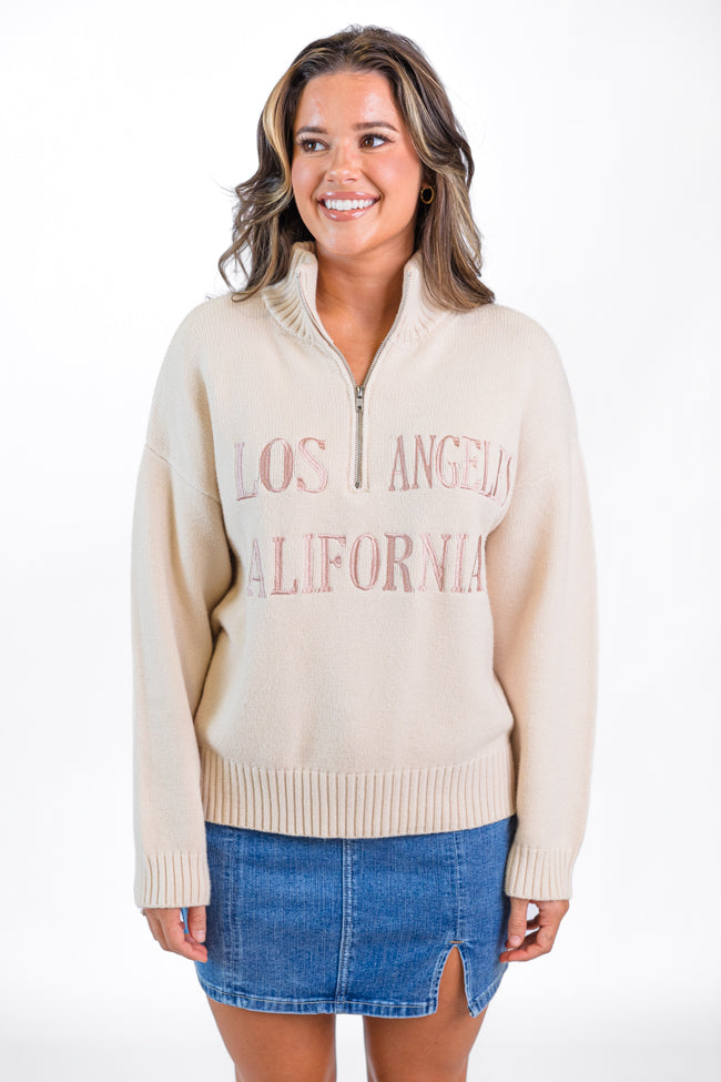 Roll With It Beige Los Angeles Embroidered Quarter Zip Sweater