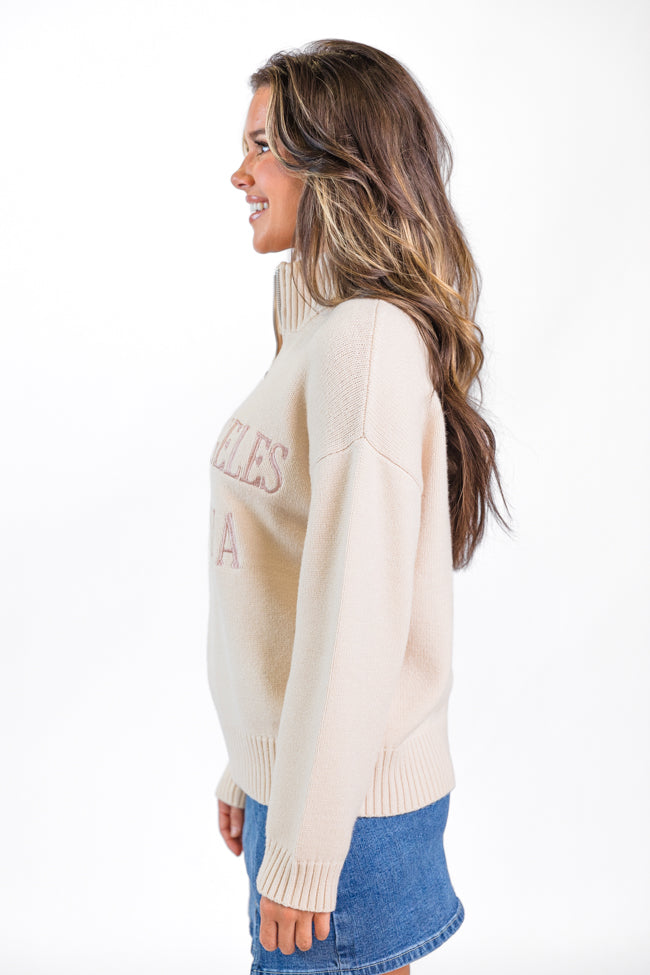 Roll With It Beige Los Angeles Embroidered Quarter Zip Sweater