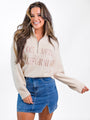 Roll With It Beige Los Angeles Embroidered Quarter Zip Sweater FINAL SALE