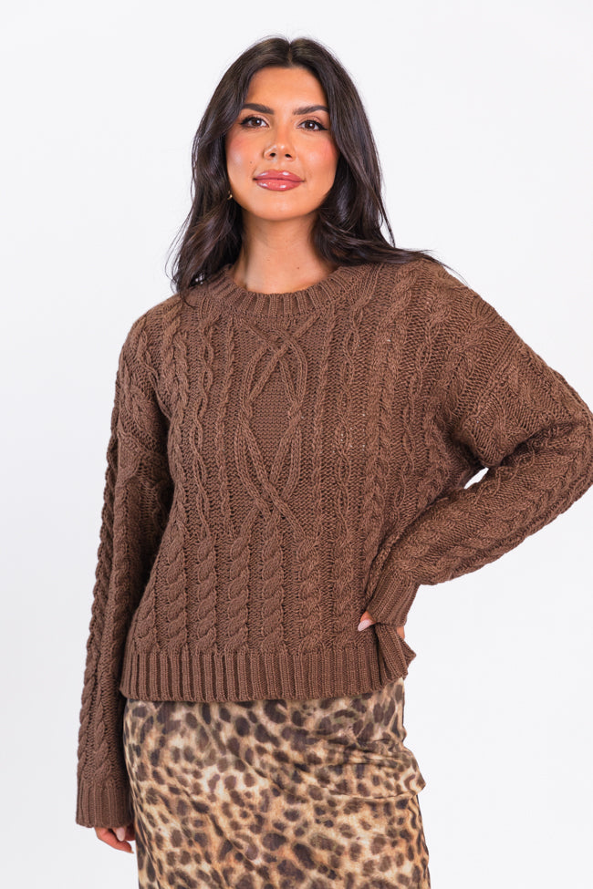 Fall Sentiments Chocolate Cable Knit Crew Neck Sweater