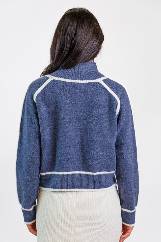 In Between Navy and Ivory Contrast Stitch Mock Neck Sweater