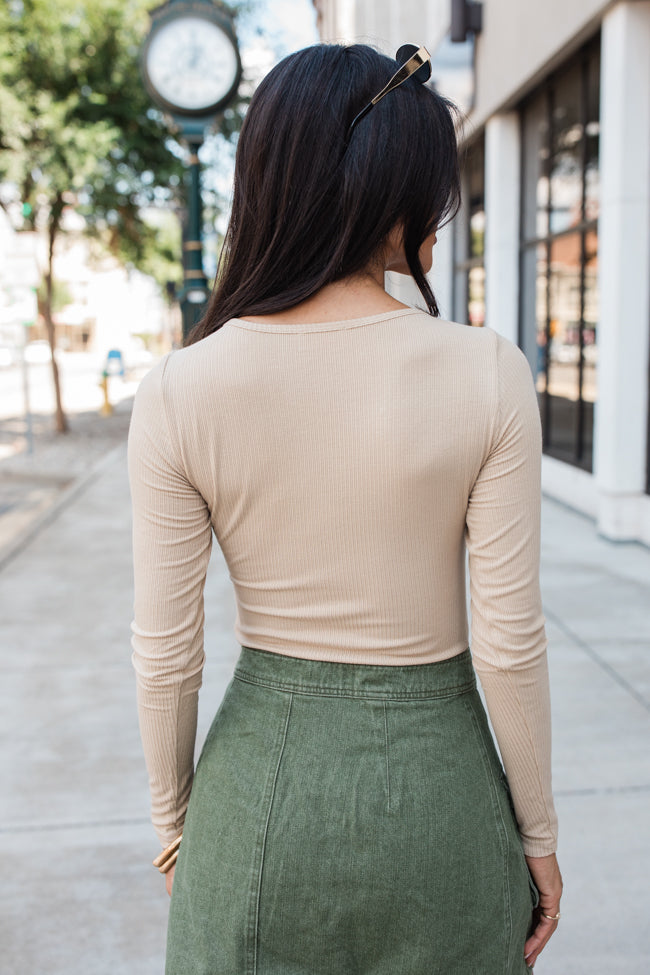 Going Strong Tan Ribbed V-Neck Bodysuit