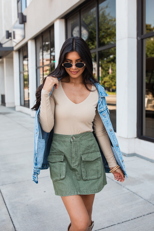 Going Strong Tan Ribbed V-Neck Bodysuit