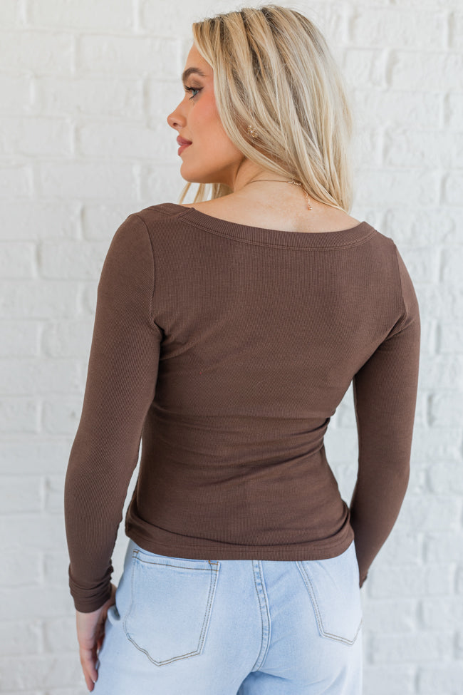 Make Your Choice Brown Ribbed Scoop Neck Long Sleeve Tee