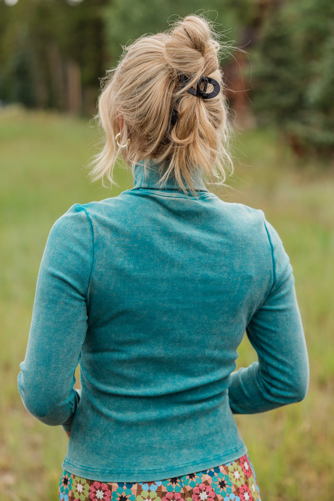 All Night Long Teal Acid Washed Turtleneck Ribbed Top FINAL SALE