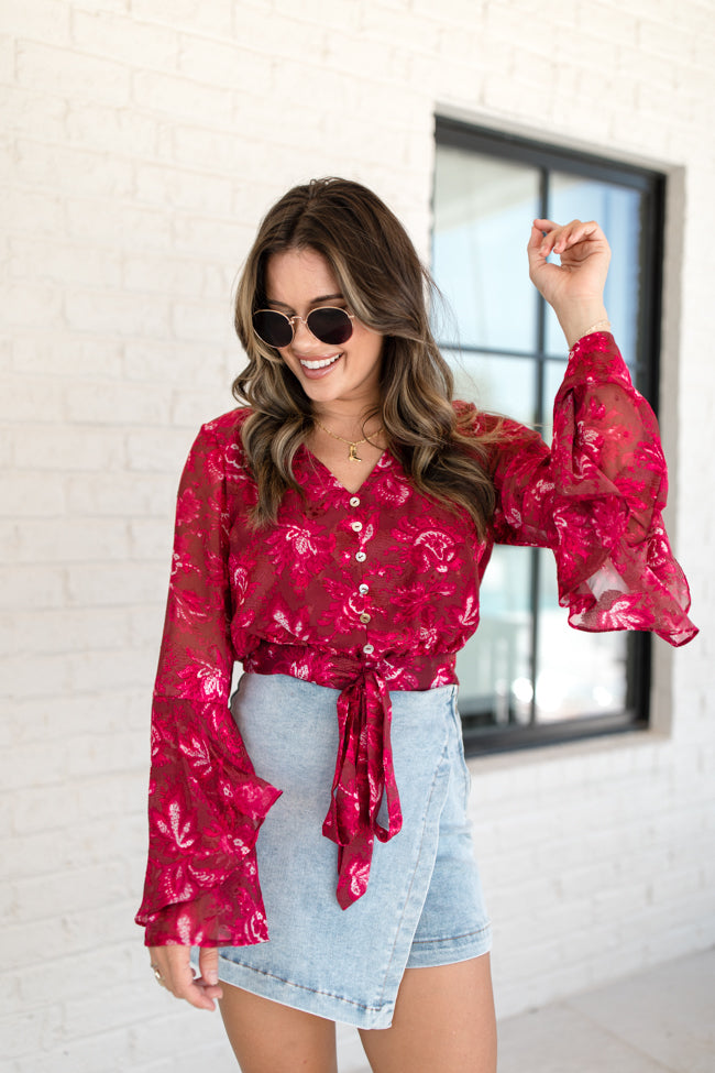 Don't Wait Up Berry Floral Bell Sleeve Tie Front Blouse