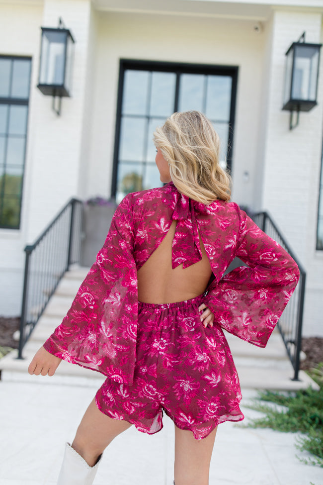 Give Me The Rundown Red Backless Mock Neck Printed Romper