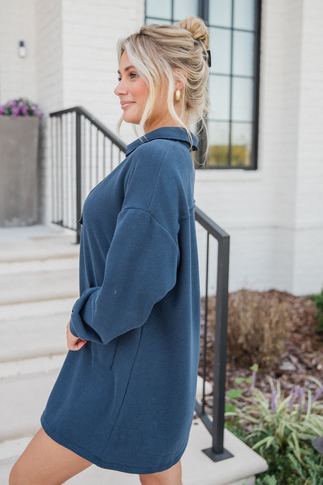 Coffee Chat Navy Button Front Knit Dress