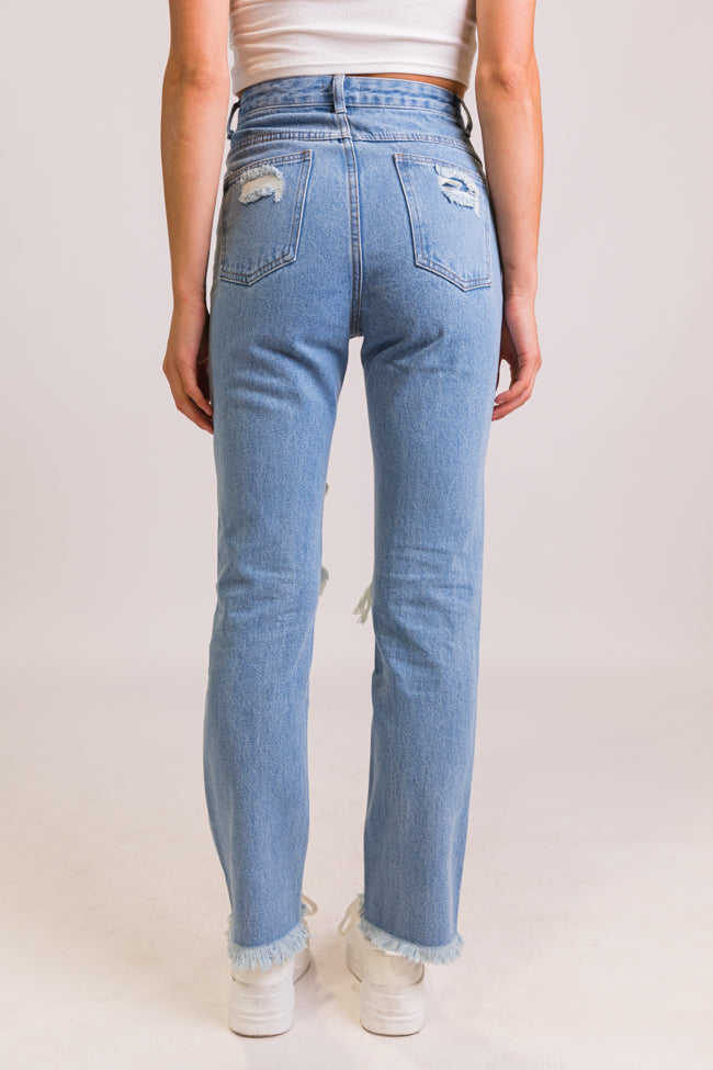 GRLFRND Distressed Light Wash High Rise Mom Jeans Blue 28 top