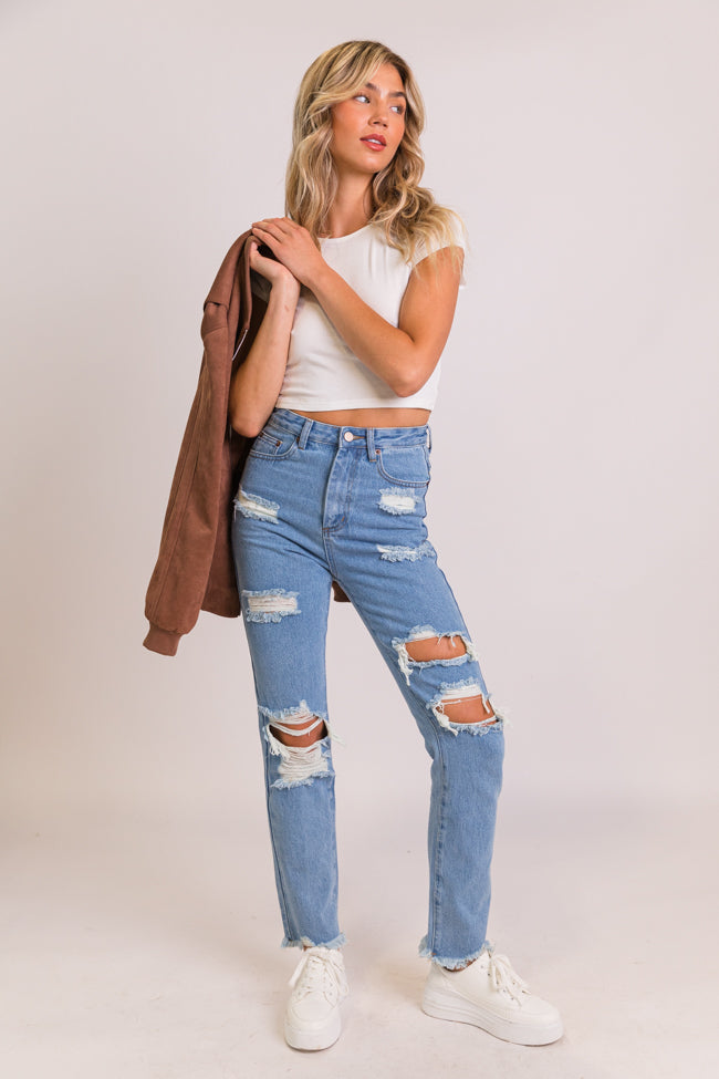 Megan Light Wash Distressed Straight Leg Mom Jeans