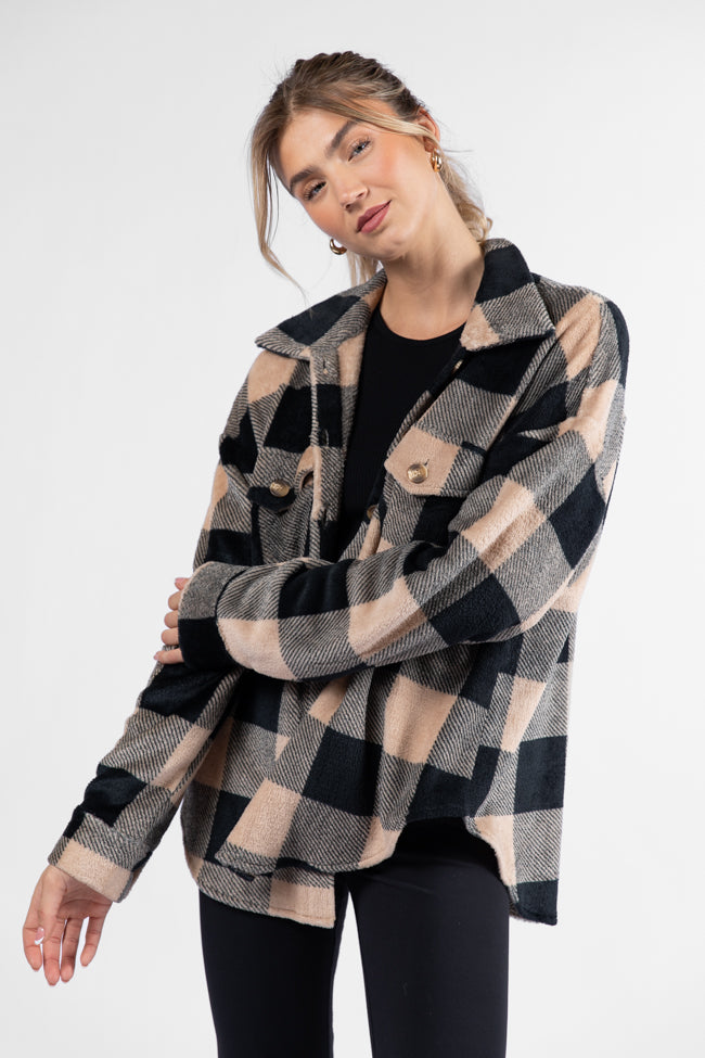 Wind Down Black and Tan Fleece Plaid Shacket DOORBUSTER