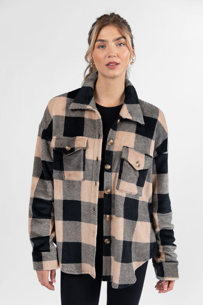 Wind Down Black and Tan Fleece Plaid Shacket DOORBUSTER