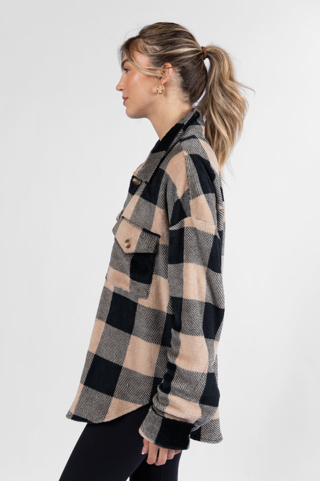 Wind Down Black and Tan Fleece Plaid Shacket DOORBUSTER