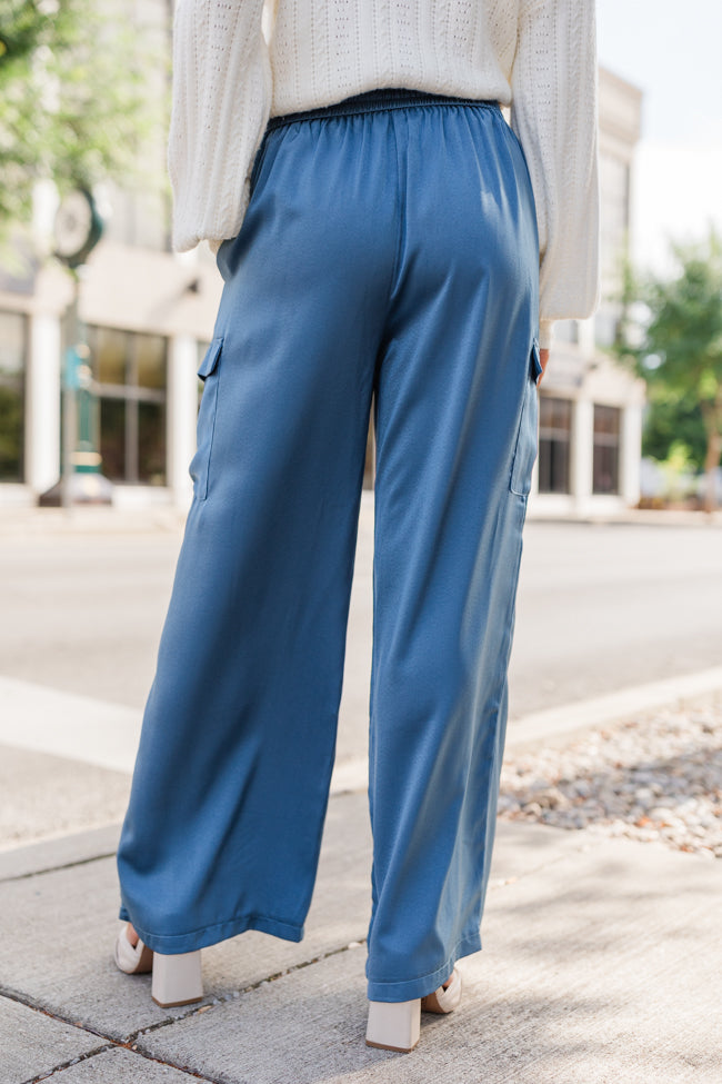 Cool Touch Blue Satin Cargo Pull On Pants