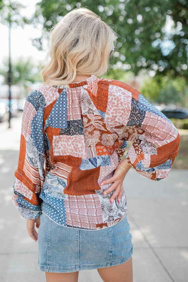 Outlook On Life Brown Multi Patchwork Printed Blouse