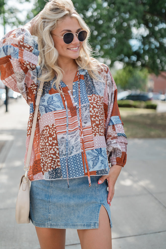 Outlook On Life Brown Multi Patchwork Printed Blouse