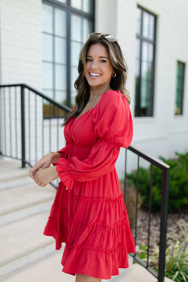 Red ruffle short dress sales