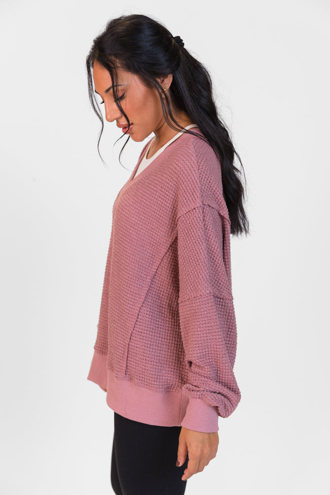 Perfect Score Mauve V-Neck Waffle Top