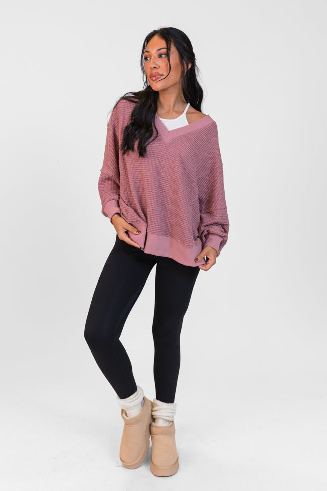 Perfect Score Mauve V-Neck Waffle Top