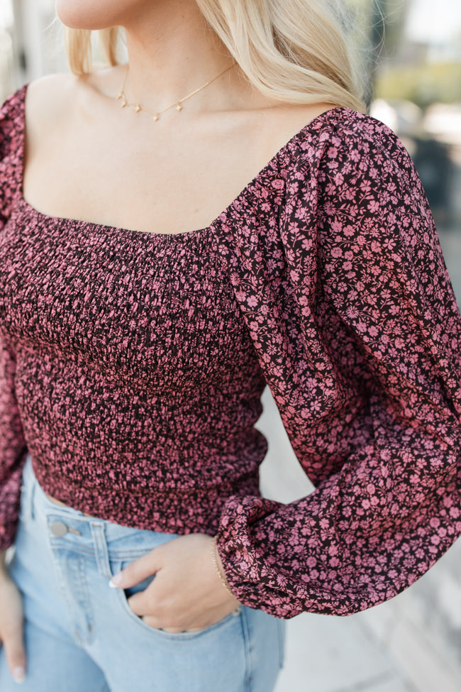 Day We Met Brown and Pink Smocked Square Neck Floral Top