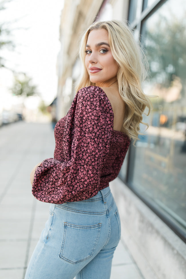 Day We Met Brown and Pink Smocked Square Neck Floral Top