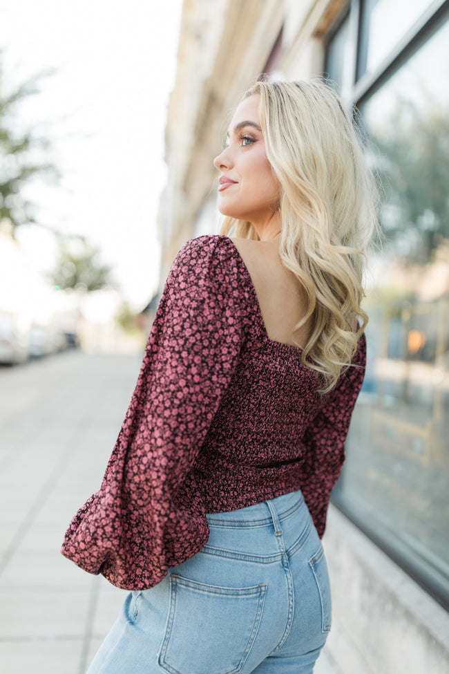 Day We Met Brown and Pink Smocked Square Neck Floral Top