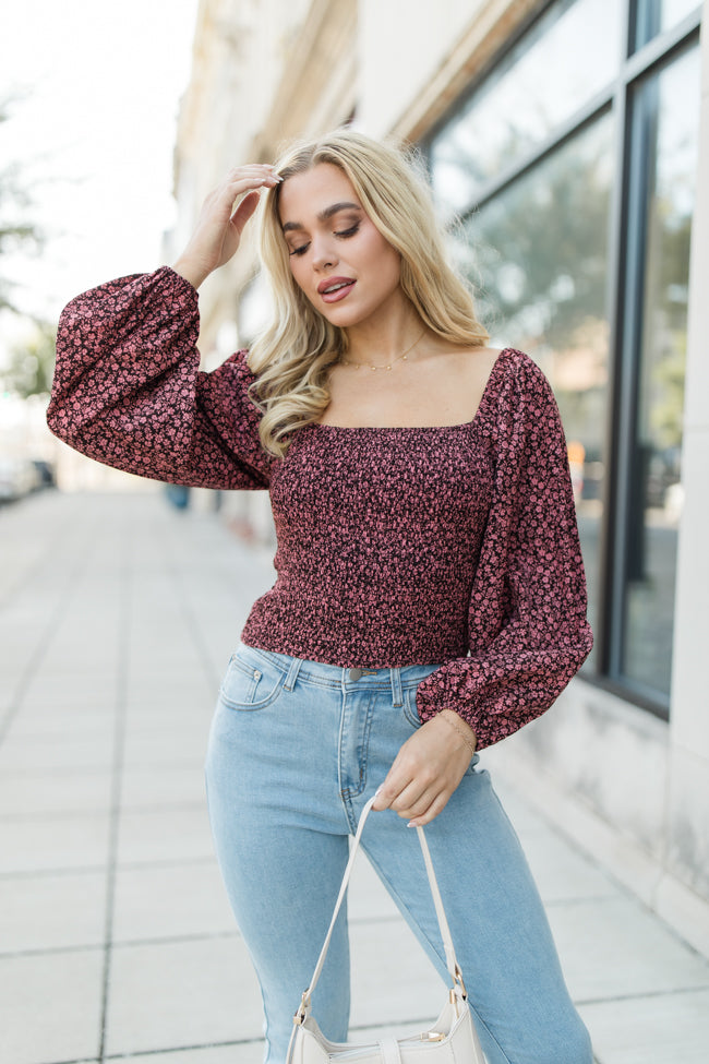 Day We Met Brown and Pink Smocked Square Neck Floral Top