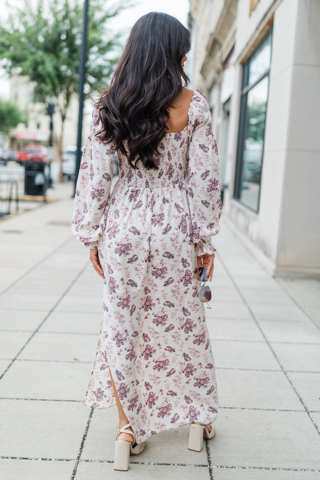 Look Into My Eyes Purple Smocked Detail Printed Maxi Dress