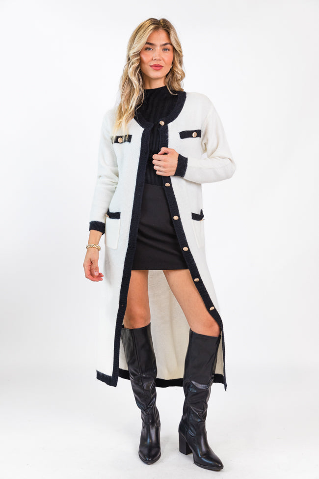 On Your Time Ivory and Black Long Button Front Cardigan