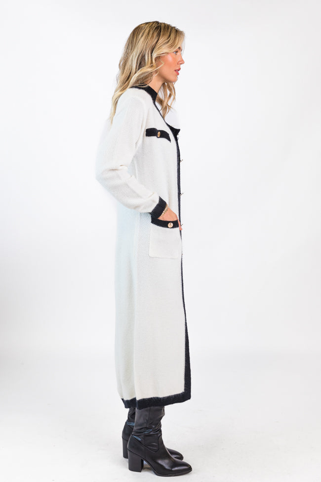 On Your Time Ivory and Black Long Button Front Cardigan