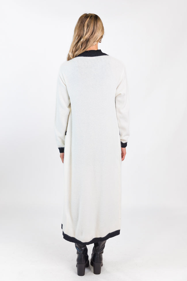 On Your Time Ivory and Black Long Button Front Cardigan