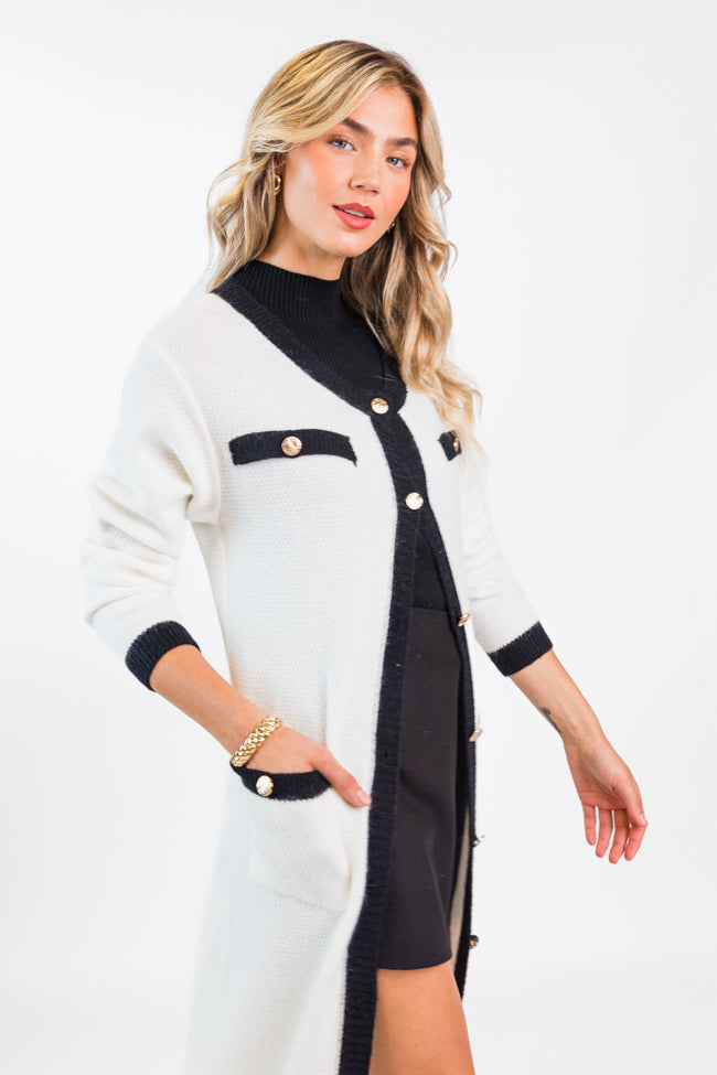 On Your Time Ivory and Black Long Button Front Cardigan