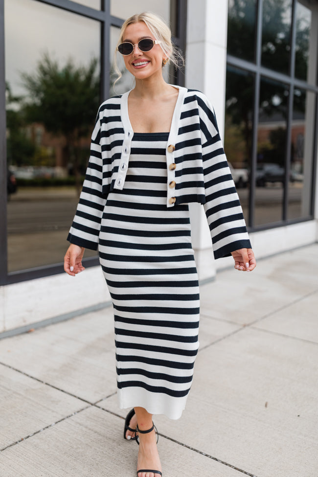 Feels Like Love Black and White Striped Dress and Cardigan Set