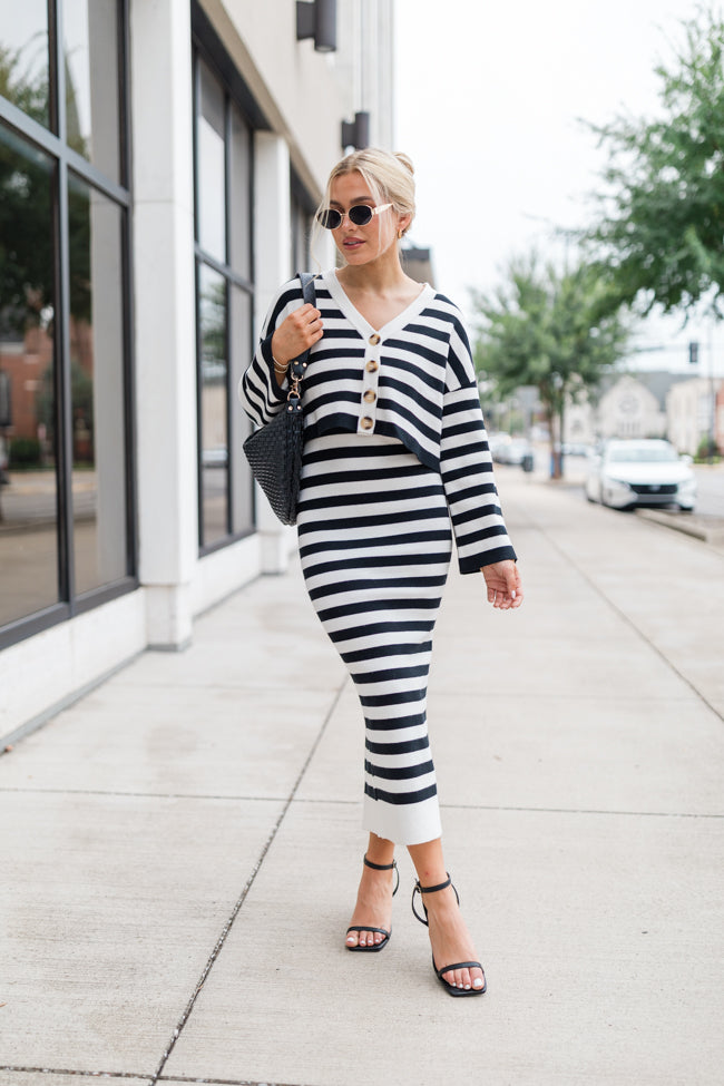 Feels Like Love Black and White Striped Dress and Cardigan Set