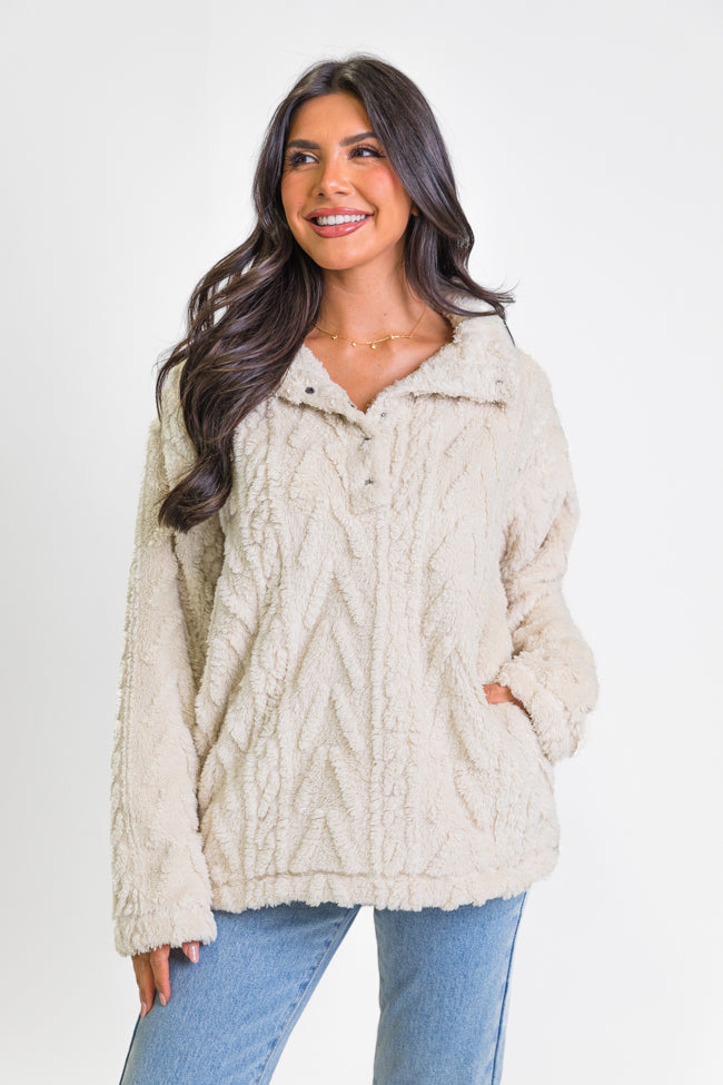 Take The Leap Beige Cable Detail Sherpa Pullover DOORBUSTER