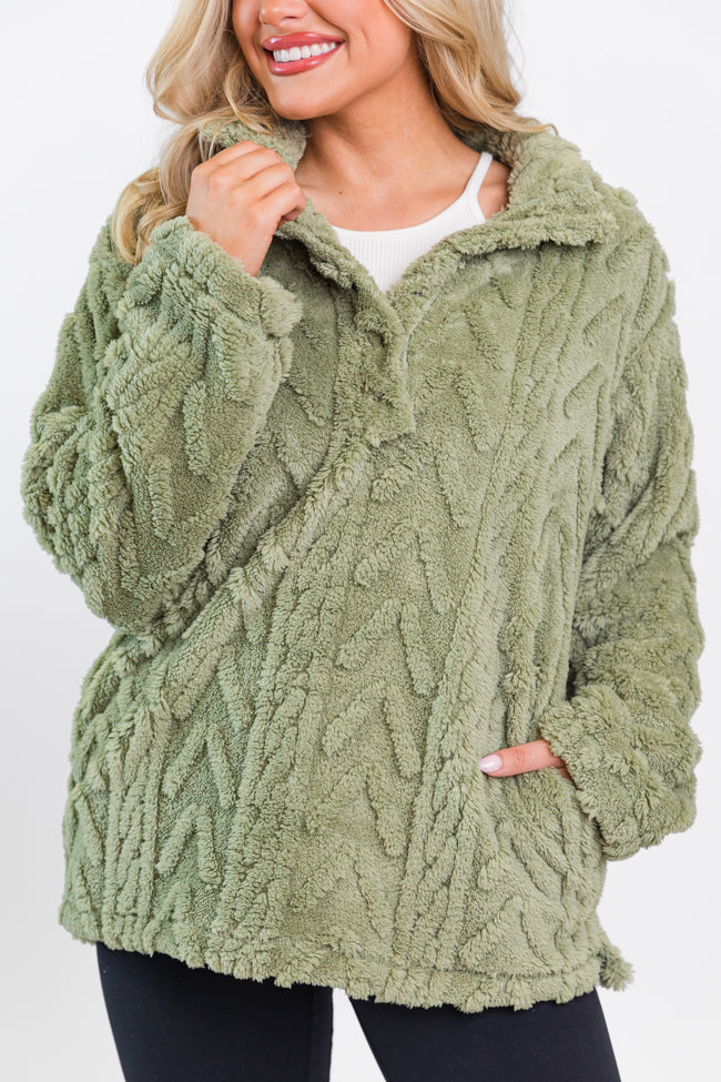 Take The Leap Olive Cable Detail Sherpa Pullover