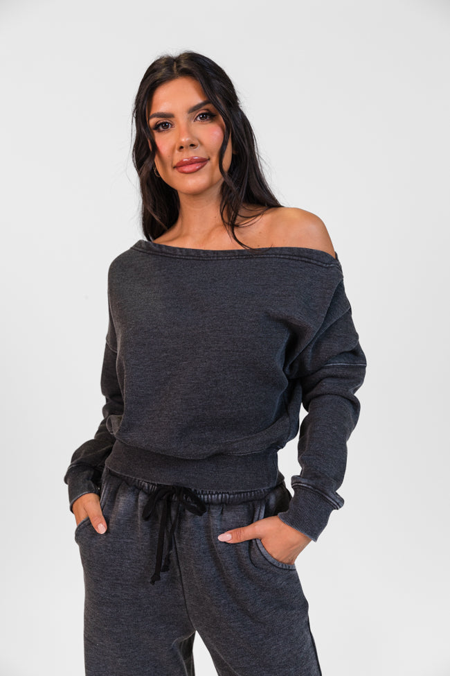 Learn As You Go Black Acid Washed Off The Shoulder Sweatshirt