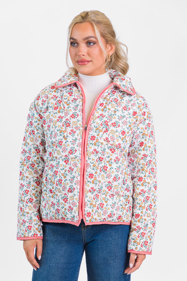 Field Of Florals Ivory and Pink Multi Quilted Floral Jacket