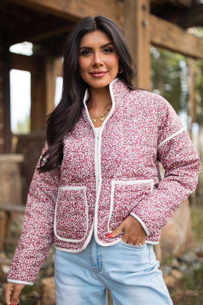 Set Me Free Berry floral Quilted Zip Up Jacket