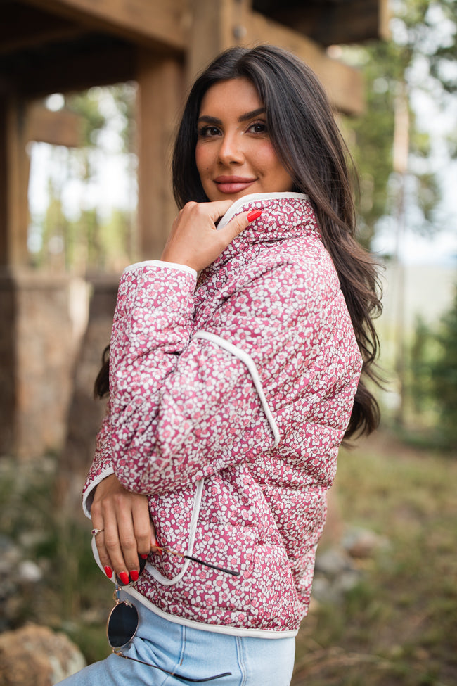 Set Me Free Berry floral Quilted Zip Up Jacket