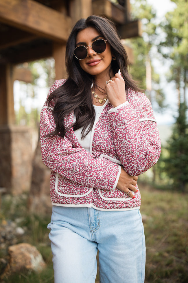 Set Me Free Berry floral Quilted Zip Up Jacket