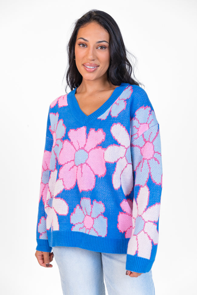 Lively Love Blue Multi V-Neck Floral Print Sweater