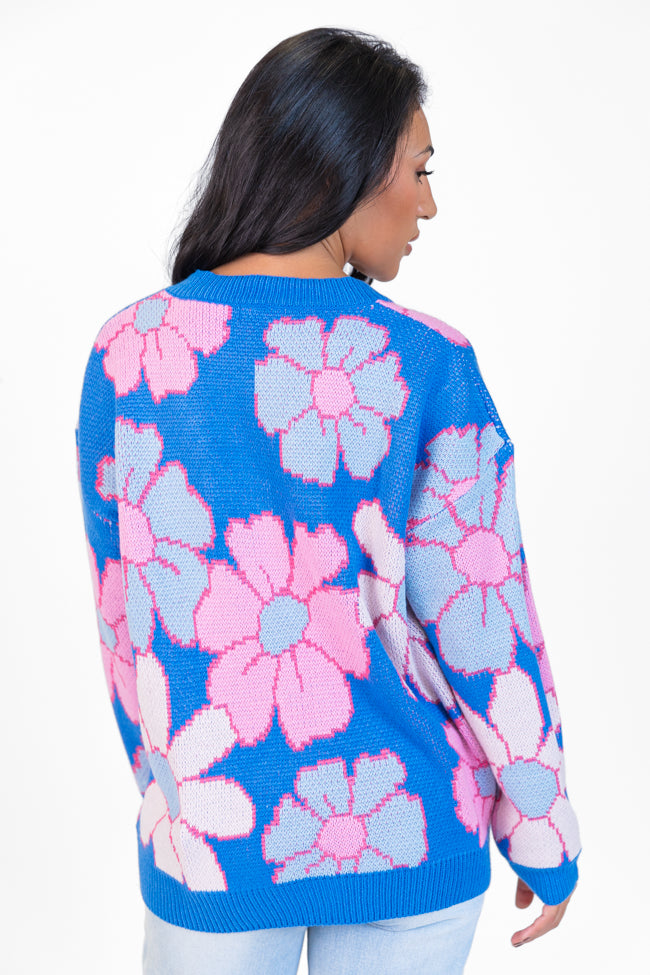 Lively Love Blue Multi V-Neck Floral Print Sweater