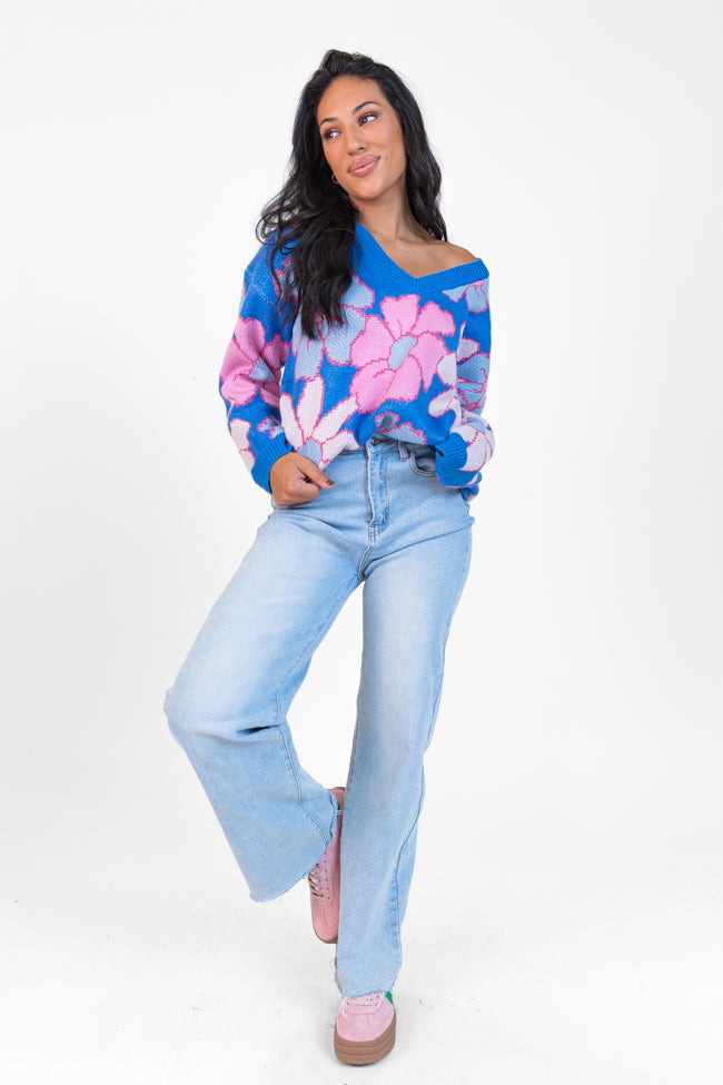 Lively Love Blue Multi V-Neck Floral Print Sweater