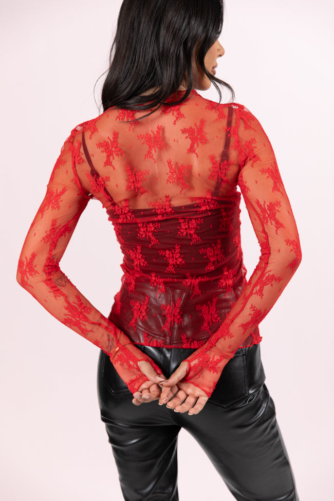 Speak Your Truth Red Mock Neck Lace Layering Blouse